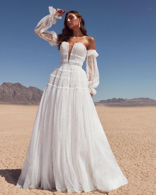 Lp2411 beach boho wedding dress with plunging neckline and tulle a line silhouette1